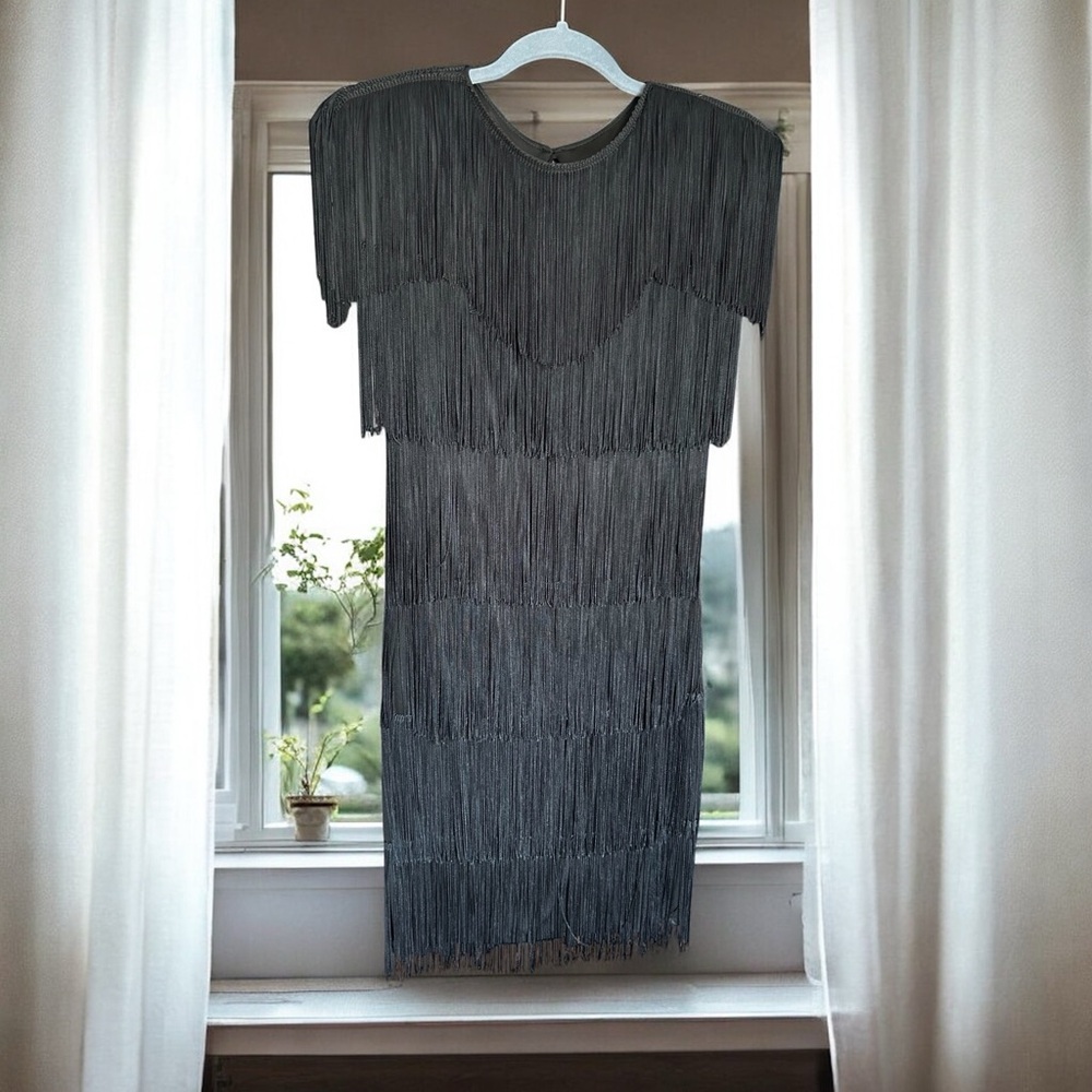 VINTAGE Flapper Girl CHERYL KAYE Fringe Black‎ Dress 80s 20s 10